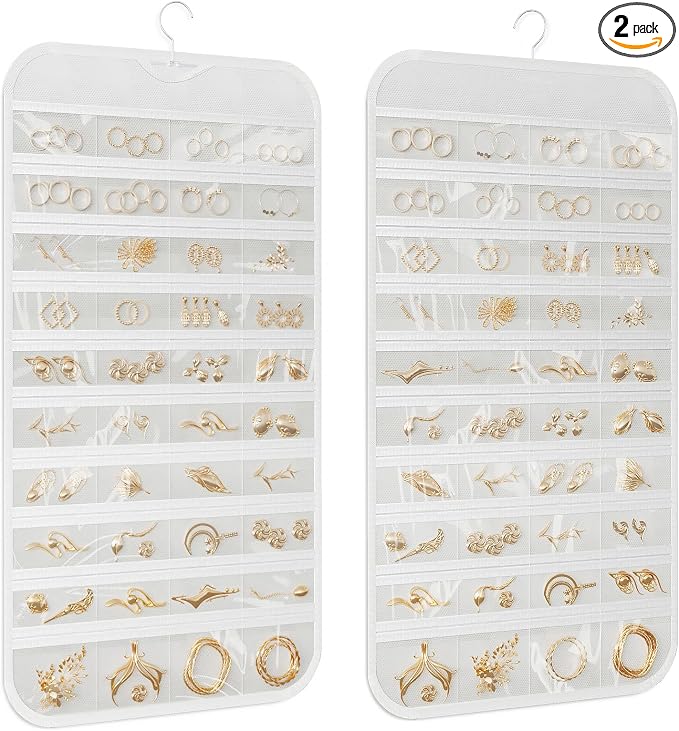 2-Pack Hanging Jewelry Organizer 80-Pocket Dual-sided Jewelry Storage for Jewelry Earring Necklace Bracelet Ring Storage Travel Holder, White