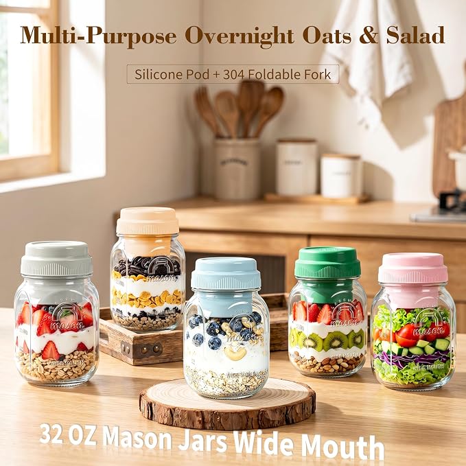 Syntic Glass Overnight Oats Containers with Lids & Silicone Divider, Airtight Reusable 32 oz Mason Jars for Meal Prep, Yogurt Parfait, Chia Pudding, Salad, Cereal, Dishwasher Safe