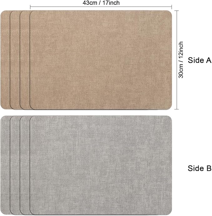 Myir JUN Reversible Vinyl Placemats Set of 8, Faux Leather Place Mats Dual Sided Waterproof Oilproof Wipeable, Heat-Resistant Table Mats for Kitchen Dining Indoor Outdoor (12" x 17", Light Gray Beige)