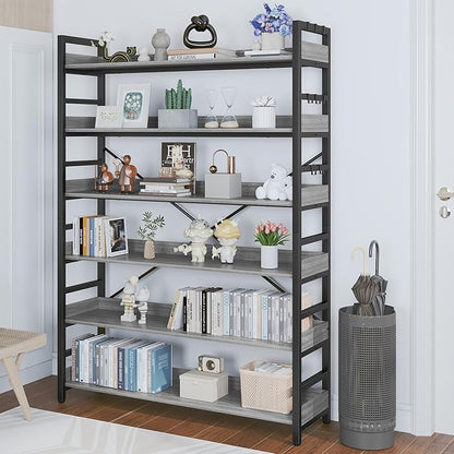 HCHQHS Bookshelf, Adjustable Industrial Bookcase, Vertical Tall Book Shelf, Wood and Black Metal Open Bookshelves for Home Office, Living Room, Bedroom (Grey, 6-Tier (47" W x 70" H))
