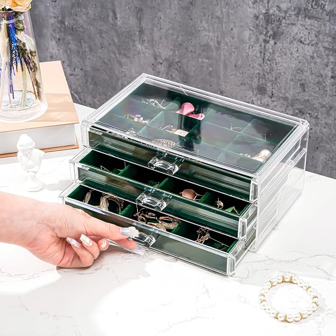 ProCase Earring Holder Organizer Jewelry Box with 3 Drawers, Acrylic Clear Earring Case with Adjustable Velvet Trays for Women - Emerald, 3 Layers