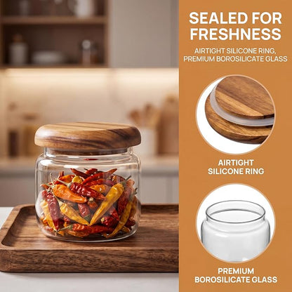 2-Pack 10 fl oz Wide Mouth Mason Jars with Spoon & Labels, Acacia Wood Lids & Press Seal, No Plastic, for Pantry, Coffee, Yogurt, Candy, Spice Storage.