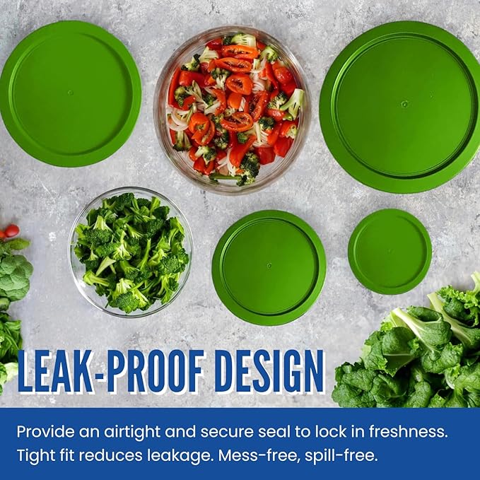 Replacement Lids fits Pyrex 2-Cup Glass Food Storage Container Bowls, 5-Inch Plastic Round Lids Covers for Pyrex 7200-PC, Airtight & Leakproof (10-Pack, Green)