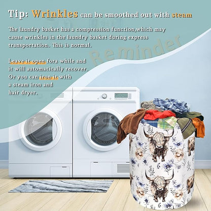 Watercolor Highland Cow Laundry Hamper With Handles Foldable Oxford Cloth Purple Flower Tote Bag Cows Laundry Basket Clothes Toy Storage Bucket 18.9" x 16.5"For Bathroom/Laundry/Bedroom