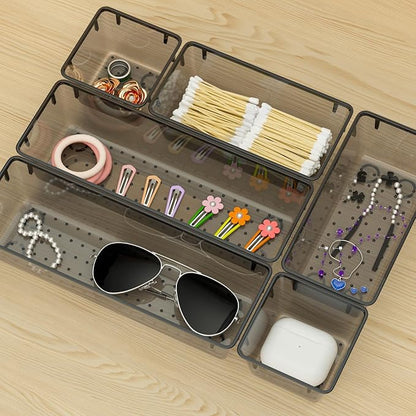 WOWBOX 9 Pack Clear Drawer Organizer Set, Acrylic Drawer Storage Trays, Storage Bins for Makeup, Cosmetics, Jewelries, Utensils, Gadgets, Office, Black