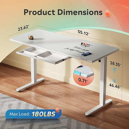 DEVAISE Standing Desk with Drawers, Whole-Piece Glass Adjustable Height Desk, 55 Inch Electric Stand Up Desk, Quick Install, White