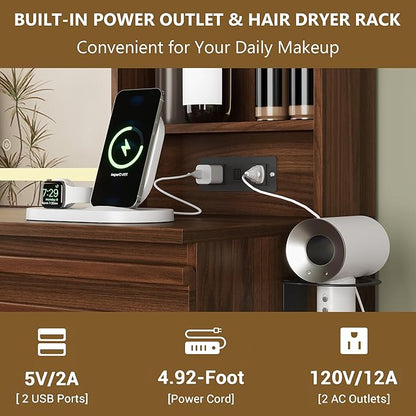 Makeup Vanity Desk with Lights, Fluted Vanity with 4 Drawers, Open Shelves, Power Outlet, LED Lighted Mirror, 3 Lighting Modes & Brightness Adjustable, Wood Dressing Table for Bedroom, Walnut