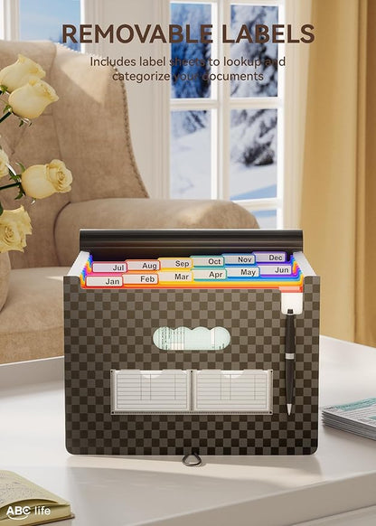 ABC life 12-Pocket Accordion File Organizer, Expandable File Folder with Colorful A-Z Tabs, Portable Bill & Receipt Organizer, Desktop Letter/A4 Document Storage for Home & Office-Black Matt