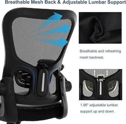 Ergonomic Office Chair with Lumbar Support, Adjustable PU Leather Computer Chair, Executive Desk Chair with Flip-up Arms, Breathable Mesh Back, Swivel Rolling Task Chair for Home Office Black