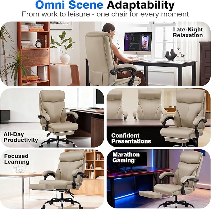 Office Chair - Ergonomic Comfortable High Back Computer Desk Chair with Foot Rest - Executive Breathable Swivel Rolling Reclining Leather Chair with Lumbar Support for Home Gaming Relaxing