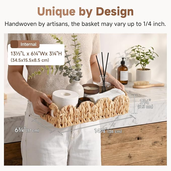 StorageWorks Small Wicker Scalloped Baskets for Bathroom Decor, Water Hyacinth Bathroom Baskets for Storage, Decorative Toilet Paper Basket for Back of Toilet Basket Tank Topper with Handles