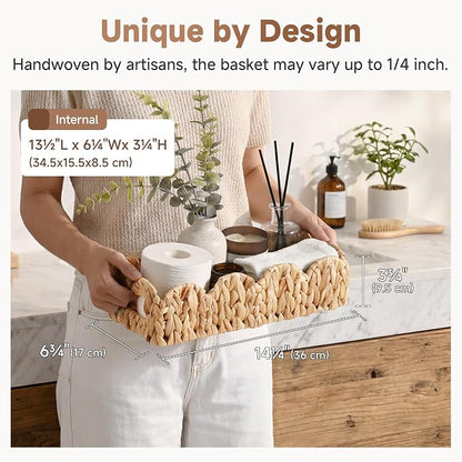 StorageWorks Small Wicker Scalloped Baskets for Bathroom Decor, Water Hyacinth Bathroom Baskets for Storage, Decorative Toilet Paper Basket for Back of Toilet Basket Tank Topper with Handles