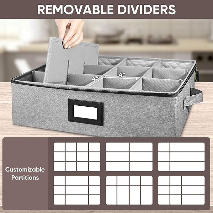 BALEINE China Storage Containers, Sturdy Quilted Wine Glass Storage, Plate Organizer with Carry Handles, Moving Boxes for Dishes, Cups, Mugs and Stemware (Mug, Hard Shell Grey)