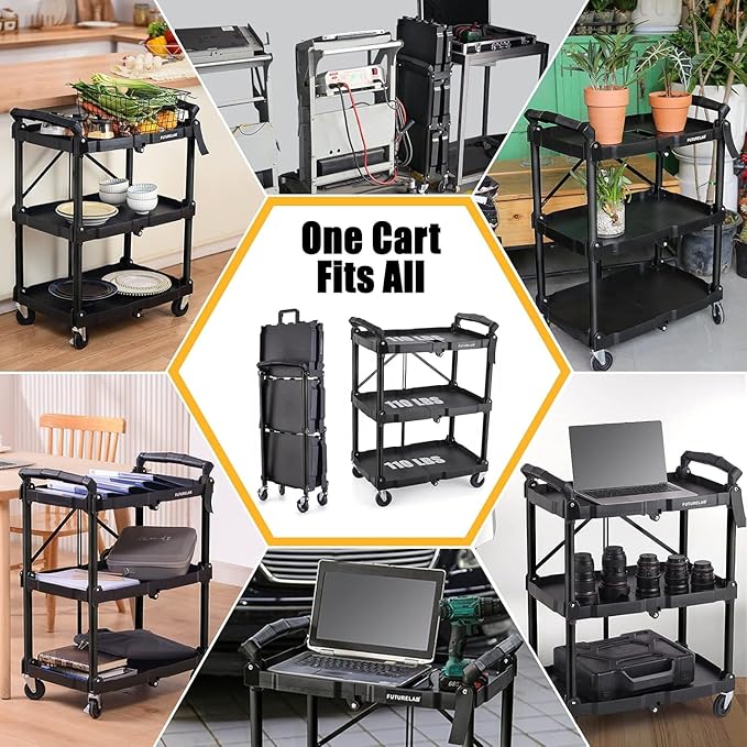FUTURELAB Portable Folding Service Cart - 3 Tier 330LBS Capacity - Rolling Utility Foldable Cart with Wheels for Warehouse Home Workshops Garages Restaurants Offices