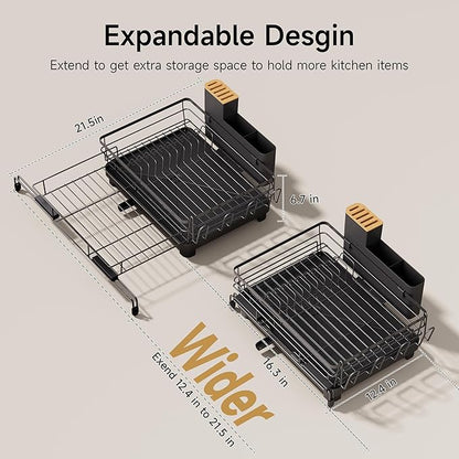 Runnatal Dish Drying Rack - Expandable Dish Rack, Large Drying Dish Drainer Over Sink with Drainboard, Utensil Holder & Cup Holder, Stainless Steel Dish Strainer for Kitchen Counter, Black