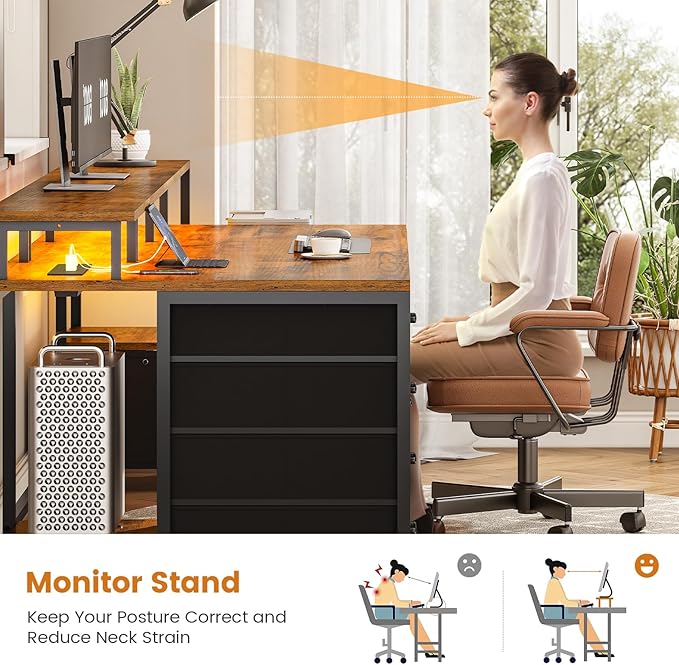 SEDETA Home Office Desk with File Drawer & Power Outlet, 75'' Large Computer Desk with 5 Drawer, Storage Shelves, Monitor Shelf and Led Lights, 23.6" W Desktop Gaming Desk, Rustic Brown