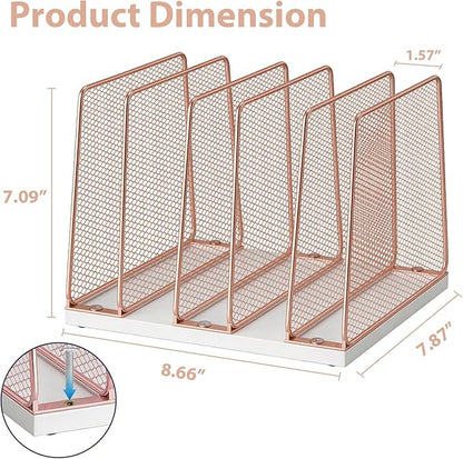 LEKETREE Rose Gold Desk File Organizer, 5-Section Upright File Sorter, Vertical File Folder Holder, Mesh Metal Wood Office Desktop Organization for Document, Magazine, Books and more (Rose Gold)