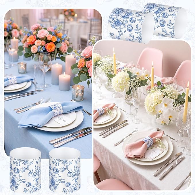 300 Pcs Wedding Paper Napkin Rings Disposable Napkin Bands Self Adhesive Blue White Flower Silverware Wrap Band for Wedding Birthday Holiday Party Dinner Table Setting Decoration