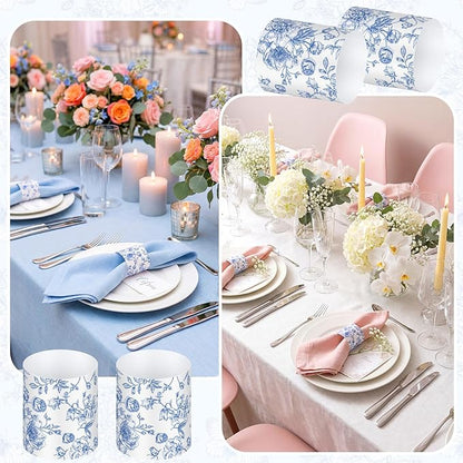 300 Pcs Wedding Paper Napkin Rings Disposable Napkin Bands Self Adhesive Blue White Flower Silverware Wrap Band for Wedding Birthday Holiday Party Dinner Table Setting Decoration
