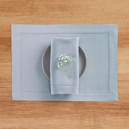 Solino Home Dusty Blue Linen Napkins Set of 4-100% Pure Linen Hemstitch Dinner Napkins 20 x 20 Inch for Winter, Spring, Easter - Classic Hemstitch