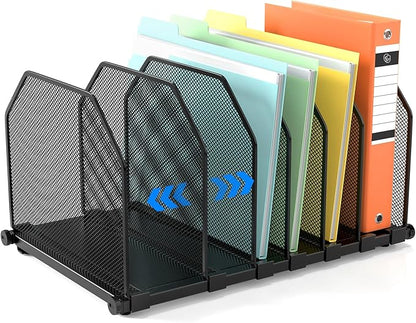 Adjustable File Organizer for Desk, 6 Sections Vertical File Folder Holders Desktop Binder Organizer, Mesh Desk Organizer File Sorter for Home Office Classroom