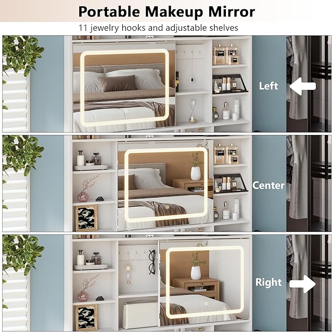 43.3" Fluted Vanity Desk with Mirror and Lights, Wood Makeup Vanity Desk with Charging Station & Mobile Mirror, Modern Dressing Table with Adjustable Shelves & Jewelry Hooks for Girls, Women, White