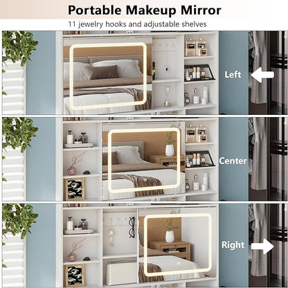 43.3" Fluted Vanity Desk with Mirror and Lights, Wood Makeup Vanity Desk with Charging Station & Mobile Mirror, Modern Dressing Table with Adjustable Shelves & Jewelry Hooks for Girls, Women, White