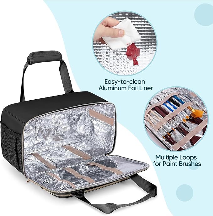 Prokva Acrylic Paint Organizer Case for 54 Bottles (2 oz), Craft Paint Storage Organizer with Shoulder Strap, Paint Bottle Organizer Bag with Brush Storage, Black