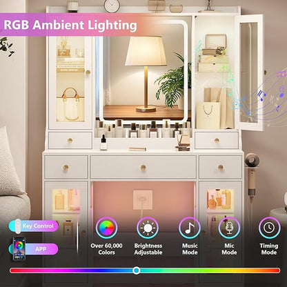 White Vanity Desk with Mirror and Lights, Makeup Vanity Table with Lighted Mirror, 5 Drawers & RGB Cabinet, Dressing Table Set with Charging Station for Girls Bedroom, 3 Lighting Modes
