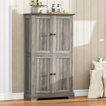ChooChoo Bathroom Floor Cabinet, Farmhouse Bathroom Storage Cabinet with 4 Doors and Adjustable Shelves, Pantry Cabinet for Living Room, Kitchen, Retro Grey