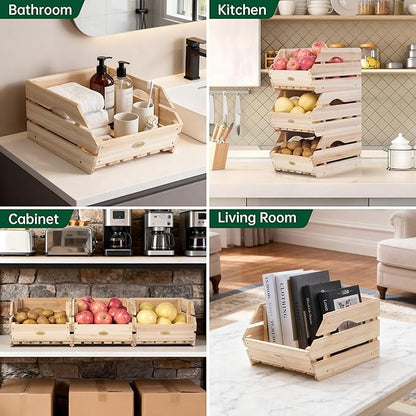 HABAU Wood Potato Onion Storage Bins - Wooden Stackable Produce Basket - Fruit Vegetable Storage for Kitchen Pantry Organization, Set 3 Pieces
