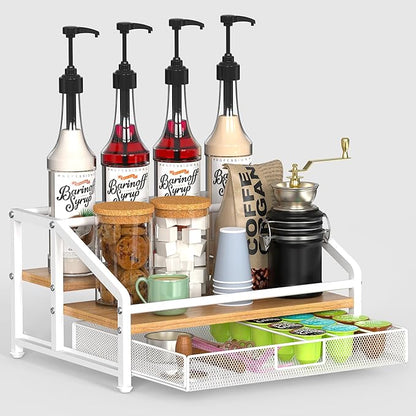 Alyoen Coffee Syrup Organizer Rack, 3-Tier Coffee Station Organizer for Countertop, Coffee Bar Organizer with 35K Cup Storage Basket, Coffee Syrup Holder Stand for Coffee Bar Accessory - White