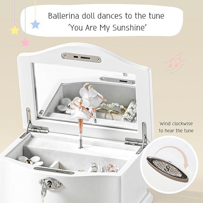 Wooden Musical Jewelry Box for girls with Mirror and Key Lock, Gift for Kids on Birthdays and Holidays (Pink, Small) (White, Medium)