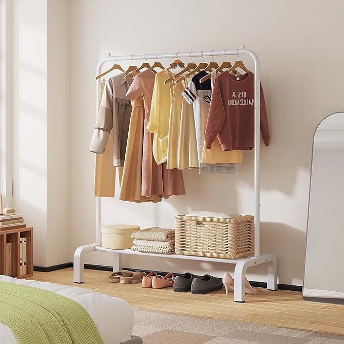 JIUYOTREE Standard Clothes Clothing Garment Rack with Storage Shelves Clothes Organizer for Hanging Clothes Coat Jacket Shirt Sweater Jeans White