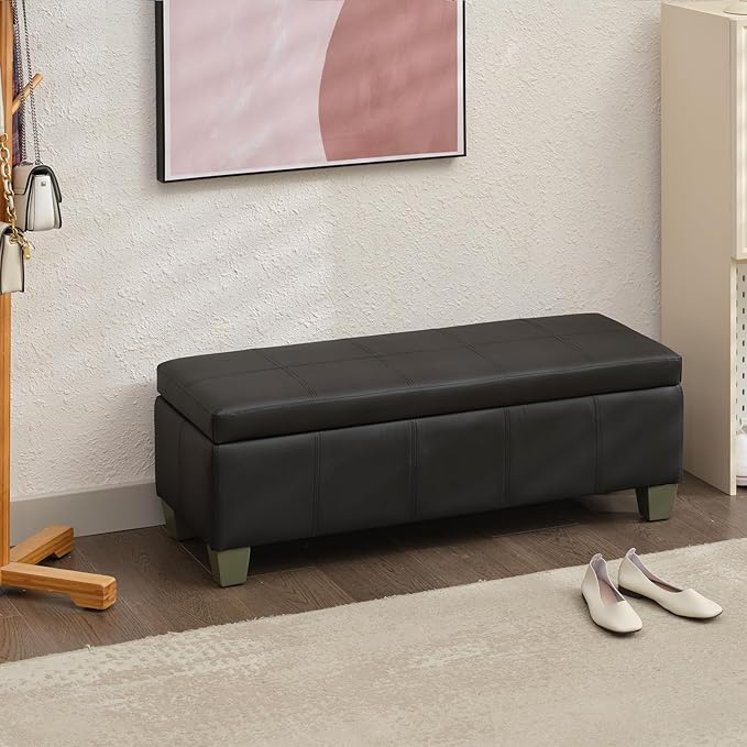 41" Storage Ottoman, Storage Bench with Safety Hinge, Upholstered Synthetic Leather Ottoman Bench for Bedroom, Living Room, Entryway, Hallway, Foot Rest, Support 500lbs, Black
