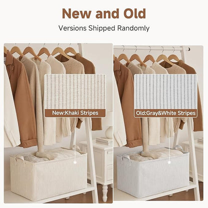 StorageWorks Storage Bins, Fabric Storage Bins for Shelves, Large Storage Baskets with Metal Frame, Closet Baskets and Bins with Handles, Khaki and Beige Stripes, 2-Pack