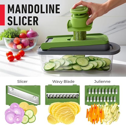 MUELLER HOME Pro-Series 10-in-1, 8 Blade Vegetable Chopper, Onion Mincer, Cutter, Dicer, Egg Slicer with Container, French Fry Cutter Potato Slicer, Home Essentials, Salad Chopper,Gray/Green