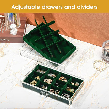ProCase Earring Holder Organizer Jewelry Box with 10 Drawers, Acrylic Clear Earring Case with Adjustable Velvet Trays for Women - Emerald,10 Layers