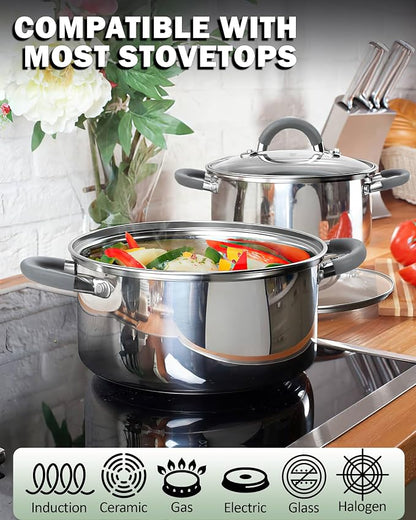 Cook N Home Basics 3 Quart Stainless Steel Stock Pot with Lid, Cooking Pot for Pasta, Soup, Stay-Cool Silicone Handle, Stockpot with Even Heating, Oven Safe, Cookware for Canning, Boiling, Simmer