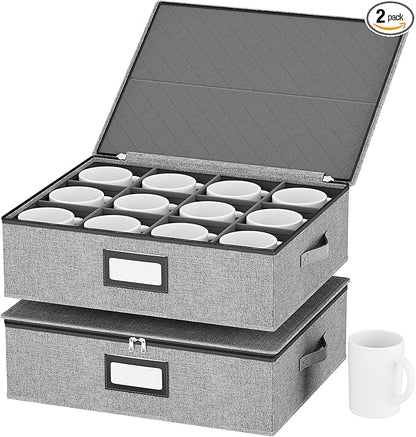 homyfort Mug Storage Box with Dividers, China Coffee Mug Storage Containers Holder Organizer Hard Shell, Service for 24 Coffee Mugs or Tea Cups (Grey)