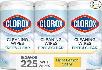 Clorox Free & Clear Cleaning Wipes, Light Lemon Scent, 75 Count, Pack of 3 (Pack May Vary)
