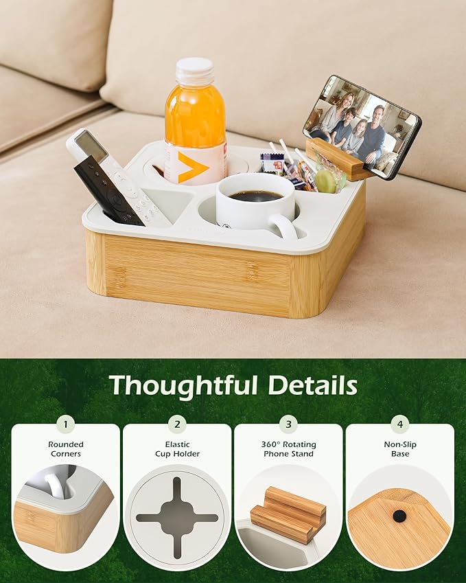 Couch Cup Holder Tray, Bamboo Couch Caddy with Rotatable Phone Holder for Bed Organizer, Waterproof Anti-spill Sofa Cup Holder for Snacks Beverage Remote Grey