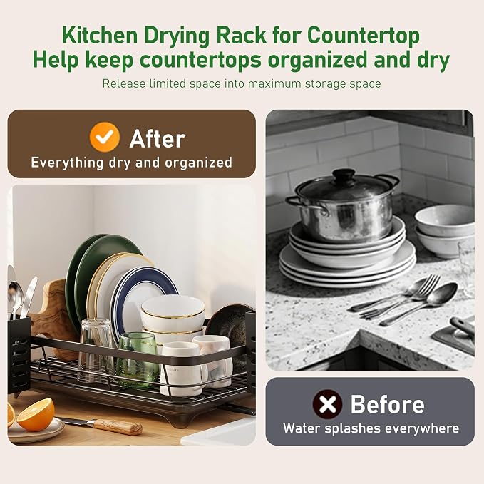 Dish Drying Rack for Kitchen Counter, Large Capacity Rust Resistant Rack with Removable Utensil Holder, Space-Saving Sink Organizer for Home and Apartment, 12" W x 16.6" L (Black)