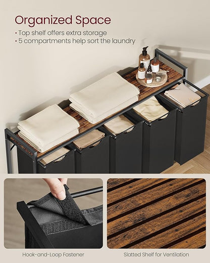 VASAGLE Laundry Hamper, Laundry Basket, Laundry Sorter with 5 Pull-Out and Removable Bags, Shelf, Metal Frame, 5 x 10.6 Gallons (40 L), 56.5 x 13 x 28.4 Inches, Ink Black and Rustic Brown UBLH501B01