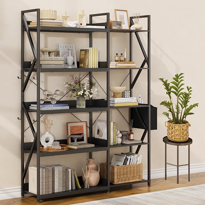 Gizoon 65" H Bookshelf, Reversible Corner Bookshelf, 5 Tier Industrial Bookcase, with 4 Hooks, Metal Frame and Wooden Board, Freestanding Display Shelf for Living Room, Kitchen, Home Office, Black