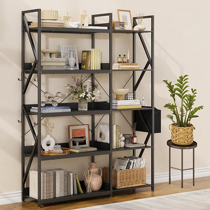 Gizoon 65" H Bookshelf, Reversible Corner Bookshelf, 5 Tier Industrial Bookcase, with 4 Hooks, Metal Frame and Wooden Board, Freestanding Display Shelf for Living Room, Kitchen, Home Office, Black