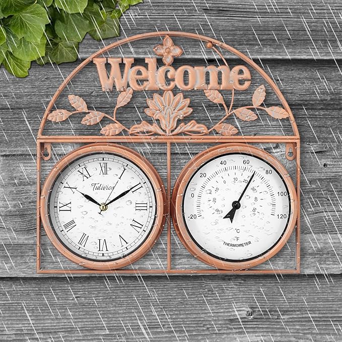 17Inch Large Outdoor Clock,Waterproof Wall Clock with Thermometer,Weatherproof Non-Ticking Quartz Battery Operated Decor Clock for Patio,Garden,Pool,Porch,House Warming Gifts
