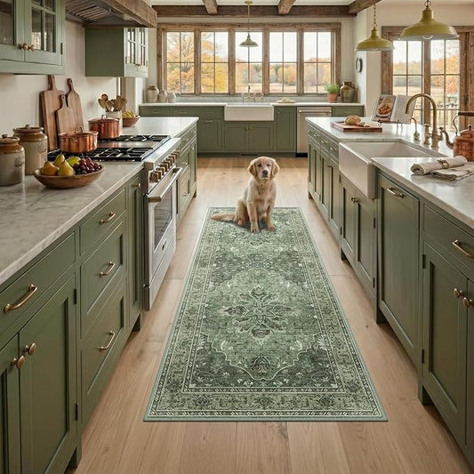 RELEANY Area Rugs Runner 2'x6' Washable Non-Slip, Floral Vintage Distress Medallion Carpet for Kitchen Hallway Bedroom Beside Laundry Room Bathroom, Dark Green Gray