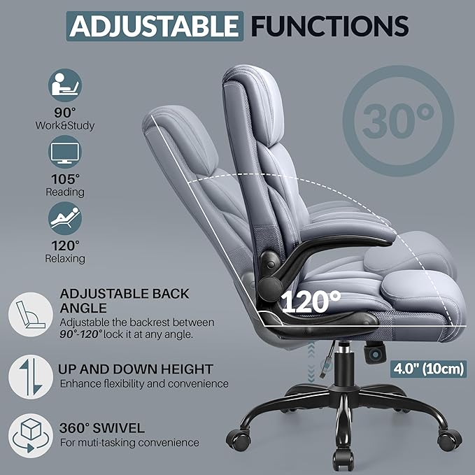 Office Chair, Leather Chair with Adjustable High Back Flip-up Armrests，Ergonomic Desk Chairs Big and Tall, Lumbar Support Swivel Computer Chair with Rocking Function