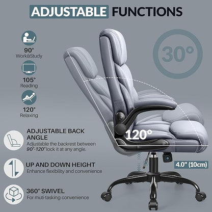 Office Chair, Leather Chair with Adjustable High Back Flip-up Armrests，Ergonomic Desk Chairs Big and Tall, Lumbar Support Swivel Computer Chair with Rocking Function